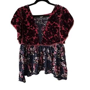 POL Sheer Velvet Blouse w/ Red/Black Floral Pattern and Pom Pom Sleeve Detail
